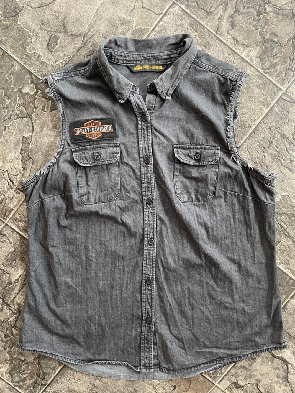 HARLEY-DAVIDSON Women’s Sleeveless Distressed Button-Up Logo Patch Shirt Vest
